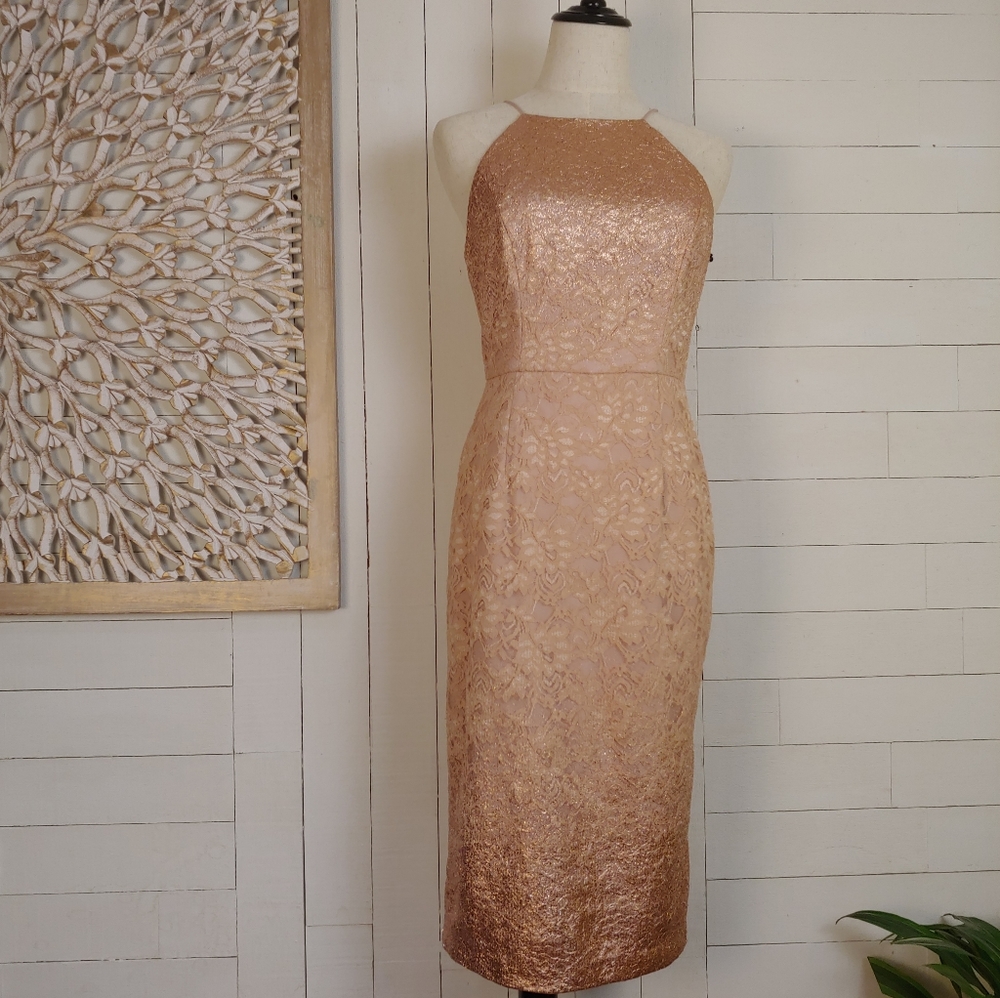 Adrianna Papell Rosegold Lace Halter Sheath Short Dress Size 4